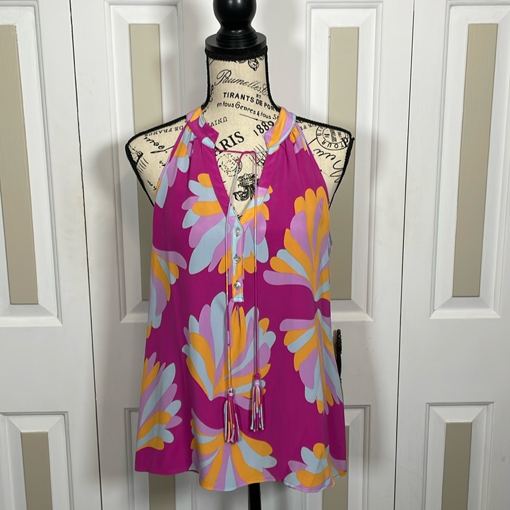 ANNIE GRIFFIN Women’s Silk Sleeveless Pink Swirl Print 3 Button Tie Top Bright M